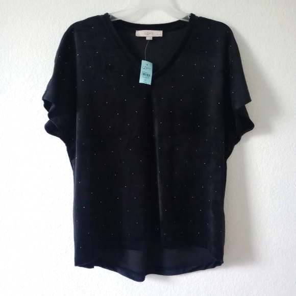 NWT LOFT Women's Black Velvet Velour Embellished Studded Blouse size M Petites - Picture 1 of 7